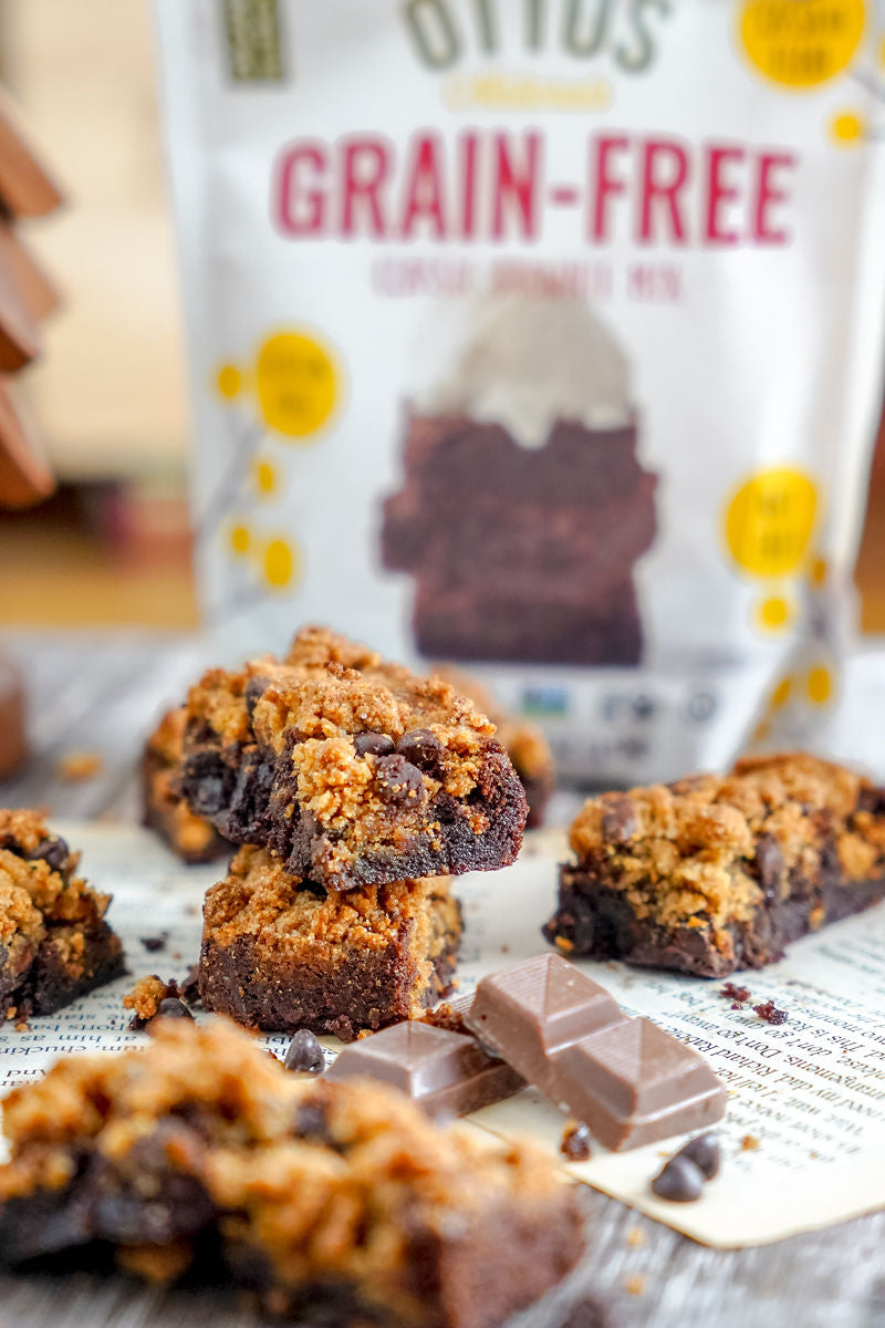 Grain-Free Gingerbread Brookie Bars with Otto's Naturals Grain-Free Classic Brownie Mix bag in the background