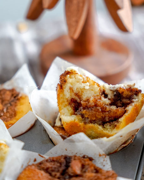 Grain-Free Cinnamon Roll Muffin Cross section with cinnamon butter swirl