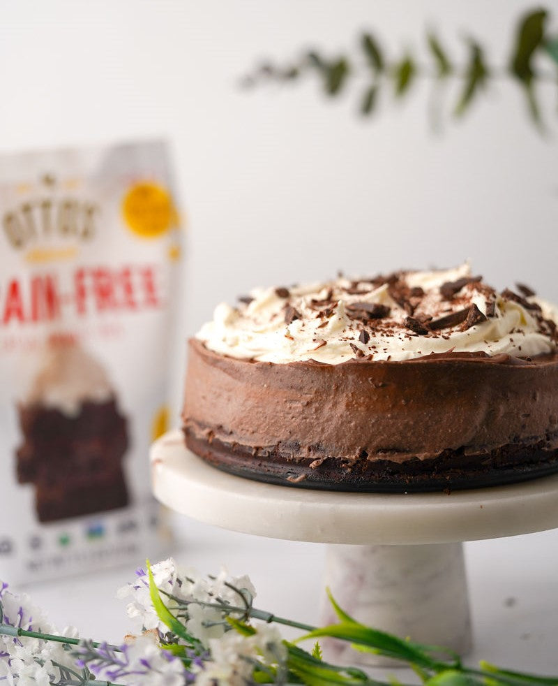 Grain-free chocolate mousse pie on cake stand, topped with whipped cream and chocolate shavings. Bag of Otto's Naturals Grain-Free Classic brownie mix in background