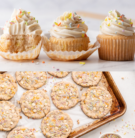 3 confetti cupcakes in top photo, and tray of white chocolate confetti sugar cookies in bottom photo. Made with all natural food-coloring sprinkles and Otto's Naturals Cassava Flour