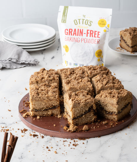 Grain-free coffee cake with Otto's Naturals grain-free baking powder bag in background